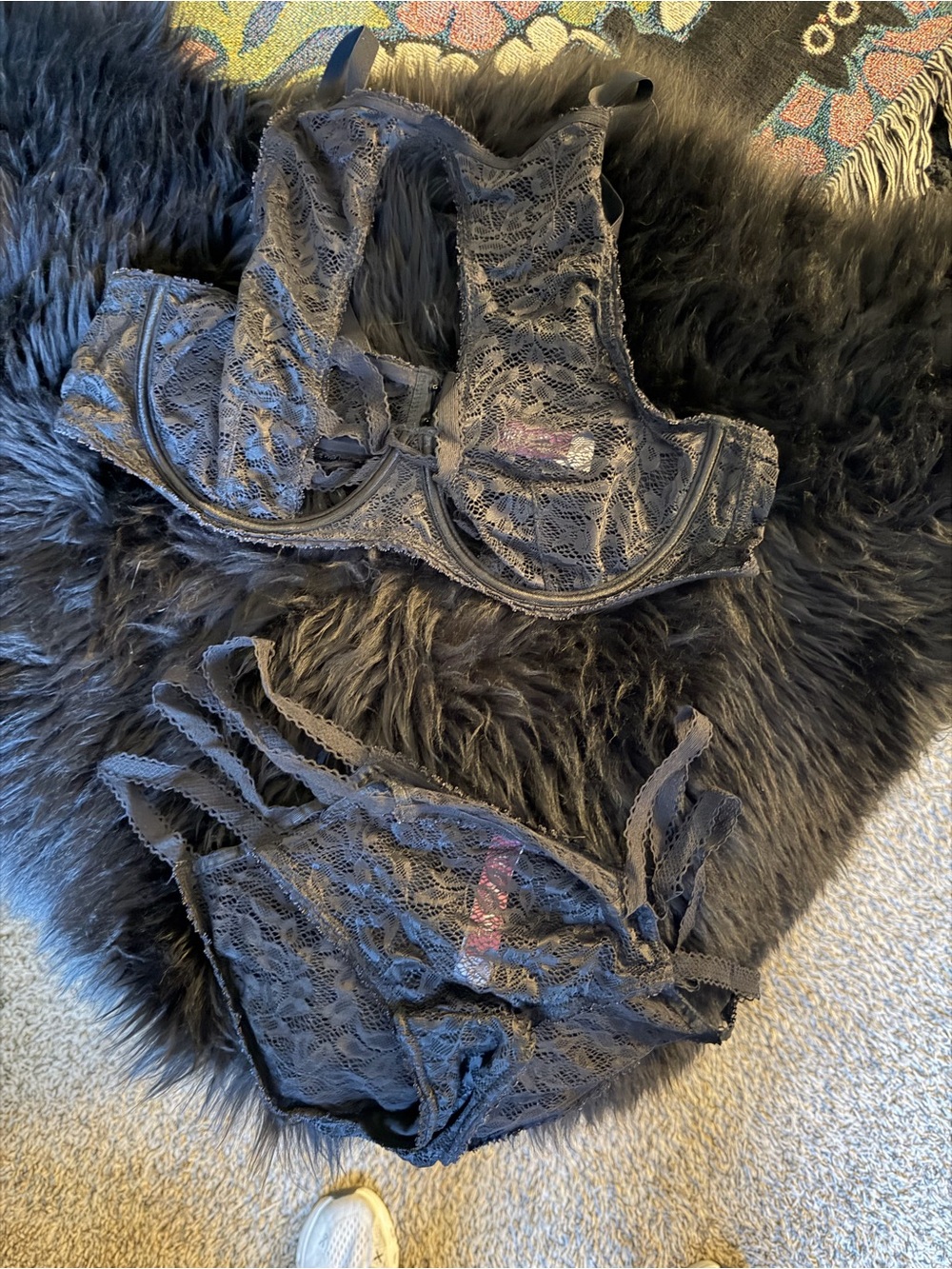 Like New ADORE ME lacy halter neck 36D bra and M strappy hip huggers